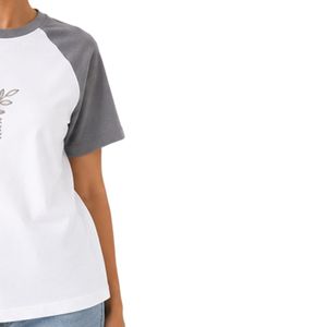 <b>Women</b> <b>White</b> and Gray Raglan T Shirt Minimal Botanical Geometric Print Crew Neck Short Sleeve Cotton Casual Tee Custom OEM ODM - Product Image 4