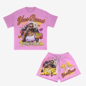 280 GSM Cotton Polyester Purple Graphic Women T Shirt Shorts <b>Set</b> DTG Print Custom Fit 100% Cotton T shirt & Shorts - Product Image 2