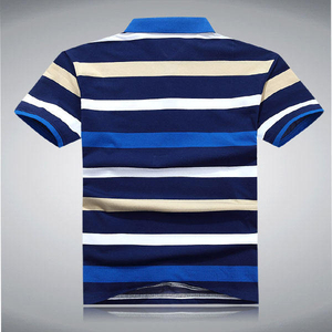 เสื้อโปโลแขนสั้นลายทางสำหรับผู้ชาย ทรงลำลอง ผ้าถัก สีน้ำเงิน ขาว เบจ ดีไซน์ปกเสื้อ - Product Image 1