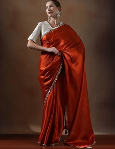 KV Women's <b>Orange</b> Designer Silk Fancy Lace Border <b>Saree</b> With Unstitched Blouse - Product Image 3