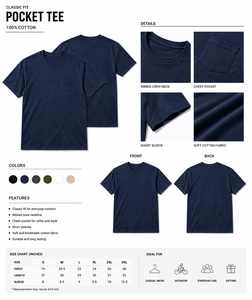 Camiseta de Hombre Azul Marino con Bolsillo, 100% Algodón, Corte Regular, Cuello Redondo, Manga Corta, Color Sólido, Tejido Jersey - Product Image 5