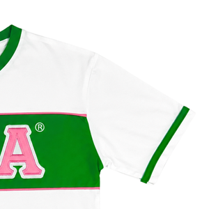 AKA Premium Jersey Shirt White Green Pink Women's Short Sleeve <b>Athletic</b> Greek Style Performance Tee Premium Apparel - Product Image 2