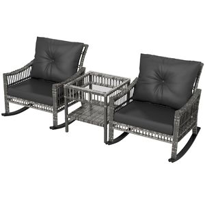Set di 3 sedie a dondolo da esterno in rattan PE grigio resistente alle intemperie con piano del tavolo in vetro temperato e struttura in ferro - Product Image 1
