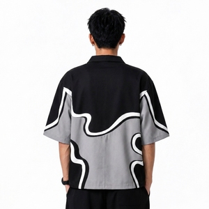 Men's Summer Casual Woven Breathable <b>Shirt</b> Short Sleeve Button Front <b>Geometric</b> Pattern Loose Fit Top OEM Custom Apparel Supply - Product Image 2