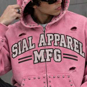 Sweat-shirt à capuche rose zippé Sial Apparel Mfg pour homme, style streetwear oversize, en molleton, avec clous et déchirures, 100 % coton, imperméable - Product Image 4