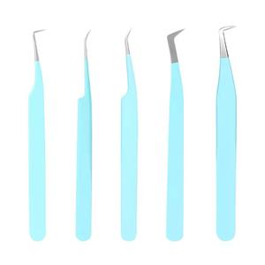 Juego de Pinzas para Pestañas de Acero Inoxidable con Punta Suave, Herramientas de Precisión, Mango Azul Claro, 5 Piezas - Product Image 1