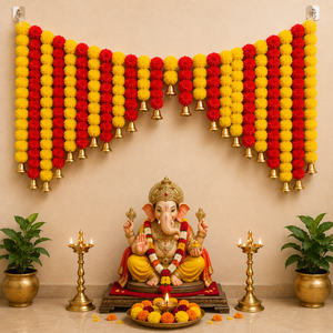 Red Yellow Marigold Toran Golden Bells Ganesha Idol Eco-Friendly Plastic Handmade Multi-Functional Puja Backdrop Home Decor - Product Image 6