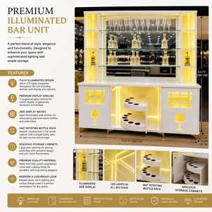 Meuble Bar Moderne pour la Maison avec Vitrine, Étagères en Verre Rétroéclairées par LED, Intérieur Miroir, Rangement à Vin, Comptoir, Meuble Design - Product Image 3