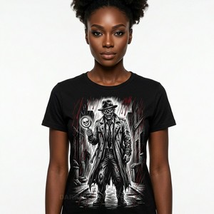 Camiseta Personalizada para Mujer con Estampado Gráfico de Esqueleto Detective Noir, Estilo Urbano Monocromático, Algodón Grueso, Impresión Serigráfica - Product Image 1