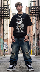 T-shirt blanc pour homme à manches courtes, col rond, imprimé loup, style streetwear, jersey 100% coton, écologique - Product Image 6