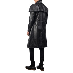 Manteau long en cuir véritable noir pour homme, col cape, revers, manches longues, style trench-coat - Product Image 2