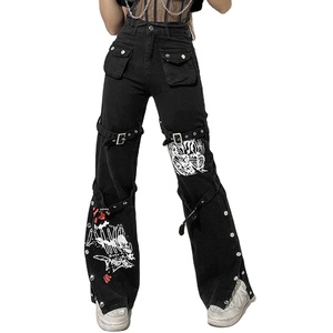 Nouveau design noir Cargo pantalon femmes taille basse jean gothique pantalon Vintage Hip Hop Punk Style Streetwear imprimé pantalon - Product Image 1