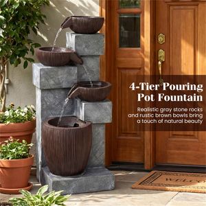 Fontana a Cascata a 4 Livelli in Resina e Fibra di Vetro per Esterni con Luci LED e Flusso Regolabile per Giardino e Patio - Product Image 3