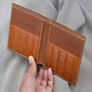 Tan Brown Animal Pattern Genuine Leather <b>Men's</b> Bifold <b>Wallet</b> Contrast White Stitching Classic Multiple Slot Layout For Cards - Product Image 3