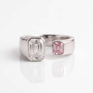 Open Band 1CT White And 0.50CT Pink Emerald Cut Diamond Toi Et Moi <b>Ring</b> 14K White Gold <b>Engagement</b> Fine Jewelry For Girlfriend - Product Image 1