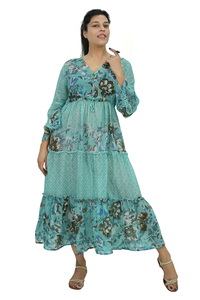 Vestido Largo Estampado Floral de Poliéster, Cuello en V, Mangas Largas, Estilo Boho, Transpirable, Informal, para Primavera, Verano y Playa - Product Image 3