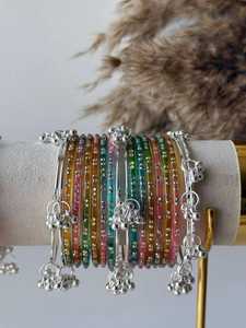 Premium <b>Gold</b> Plated Trendy Multi-Tone Glass & Pearl <b>Bangle</b> <b>Set</b> Ombre Finish Glitter Accents Traditional Wedding Wholesale Bulk - Product Image 6