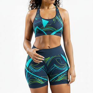 Ensemble de sport 2 pièces pour femme : Soutien-gorge de sport à bretelles halter et short taille haute, sans coutures, extensible dans les quatre sens, séchage rapide, en Spandex/Nylon - Product Image 1