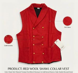 Gilet de Costume Homme Rouge Croisé en Laine Style Vintage pour Reconstitutions Historiques du XIXe Siècle - Product Image 3