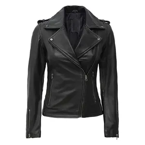 Women's Original Sheep Skin Biker <b>Jacket</b> with Zip Pockets and Stripe Waterproof & Reversible Winter Regular Coat - Product Image 1