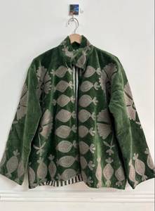 Blazer vert en velours brodé pour femme avec motif floral, col montant, manches longues, fermeture éclair, vêtement d'extérieur d'automne, vente en gros - Product Image 2