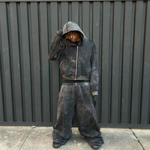 Ensemble sweat à capuche et pantalon délavé à l'acide, 100% coton tricoté, survêtement zippé en molleton - Product Image 2