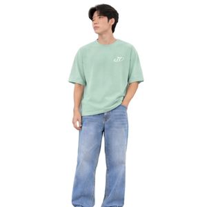 <b>Men's</b> Oversized Mint <b>Green</b> Crew Neck <b>T</b> <b>Shirt</b> with Relaxed Fit Light Blue Jeans Casual Streetwear Outfit - Product Image 1