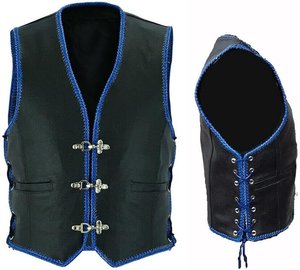 Vintage Style Men’s Genuine Leather Motorcycle Vest with <b>Decorative</b> Chrome Toggle Closures Braided Trim Detail Low MOQ - Product Image 2