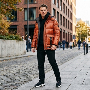 <b>Men</b> Orange Padded Hooded <b>Jacket</b> Glossy Quilted Warm <b>Utility</b> Pocket Zip Up Winter Coat OEM ODM Wholesale - Product Image 3