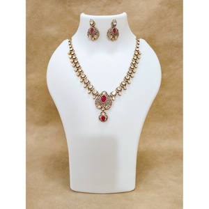 925 Silver Victorian Polki CZ <b>Ruby</b> Floral Pendant <b>Necklace</b> Earring Set Indian Bridal Handmade Antique Gold Plated Ethnic - Product Image 1