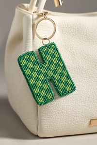 Dark Green Striped Initial Letter H <b>Seed</b> Bead Embroidery Keychain Handmade Preppy Style Gold Metal Clasp Bag Charm Personal Gift - Product Image 2