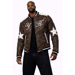 Men Cotton Fleece Bomber <b>Jacket</b> Leopard Print Varsity <b>Jacket</b> <b>Star</b> Patch Zip Up Streetwear Outerwear for Casual Winter Wear - Product Image 1