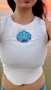 Exquisite <b>Blue</b> Seashell Ribbed Tank <b>Top</b> Womens Crew Neck Sleeveless Beach <b>Crop</b> <b>Top</b> Bulk Export Factory - Product Image 1