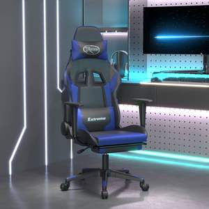 Black and <b>Blue</b> Faux Leather Gaming <b>Chair</b> with Footrest - Product Image 1