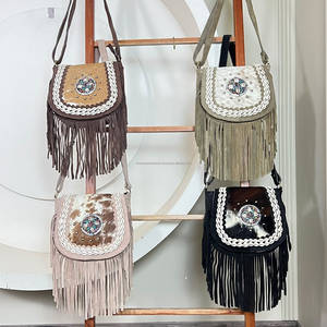 Vintage Western Hair On Cowhide Leather Crossbody <b>Bag</b> <b>Long</b> Fringe Shoulder Purse Genuine Suede Leather with Beaded Concho Accent - Product Image 4