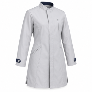 Doctor <b>Coat</b> Pale <b>Grey</b> <b>Stand</b> Collar Medical Lab <b>Coat</b> OEM Custom Wholesale Unisex Healthcare Workwear Uniform with Navy Cuff Tabs - Product Image 3