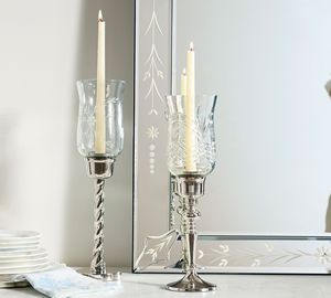 Elegant Glass Pillar Holder <b>Silver</b> Base Tapered Design Embossed Floral Pattern Heat Resistant Eco-Friendly Handmade Christmas - Product Image 1