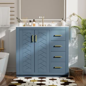 36-Inch <b>Bathroom</b> <b>Vanity</b> with Ceramic Sink Combo Solid Wood Frame Storage Cabinet 3-Drawer Freestanding <b>Vanity</b> Set - Product Image 1
