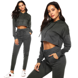 Women's Black Cropped Tracksuit Set Full Sleeve Crew Neck Solid Color Casual Ankle-Length <b>Pants</b> With Side Pockets Elastic Waist - Product Image 5