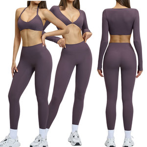 Seamless Yoga Set Scoop Neck <b>Crop</b> <b>Top</b> High Waist Leggings 3 Piece Solid Color Full Length Spandex/Nylon Breathable Workout Wear - Product Image 1