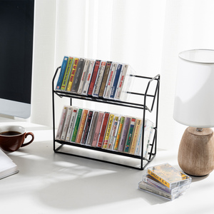 MyGift Estante de almacenamiento de cinta de casete de 2 niveles favorito de larga duración-Soporte organizador de metal negro de estilo vintage - Product Image 1
