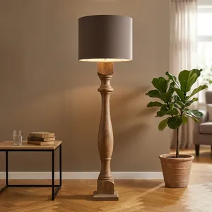 Lampadaire Robbia en bois rustique brun foncé avec abat-jour en tissu pour salon, chambre à coucher, décoration intérieure - Product Image 3