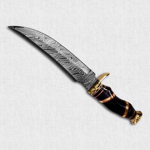 Cuchillo de caza hecho a mano con hoja de acero de Damasco, mango negro y dorado, hoja afilada para uso en exteriores. - Product Image 3