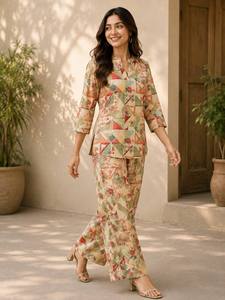 Ensemble Kurta en coton imprimé pour femme, coupe ample, longueur cheville, tenue décontractée ethnique style Inde Pakistan, tenue d'été - Product Image 3