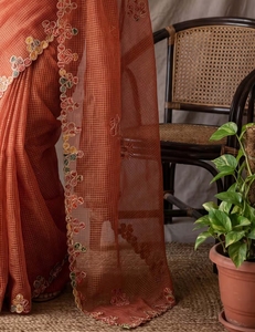 KV Women's Kota Doria <b>Red</b> Woven Design <b>Saree</b> With Unstitched Blouse - Product Image 4