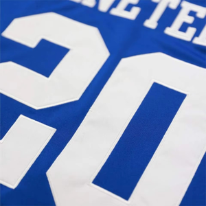 Maillot de football bleu à col montant, manches courtes, double rayure, séchage rapide, en polyester, pour sublimation, 240g, pour équipe sportive - Product Image 4