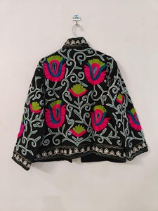 Veste en coton brodée de style chinois, col mandarin, manches trois quarts, motif floral, veste courte d'automne pour adultes - Product Image 2