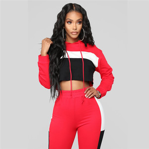 Women's <b>Red</b> Hooded Tracksuit Color Blocking Full Length Three Quarter Sleeve Sporty Autumn Side Pockets Polyester <b>Material</b> - Product Image 2