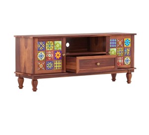 Console multimédia en bois massif de style vintage |   Meuble TV coloré avec façade en carreaux |   Vente en gros B2B Inde - Product Image 2