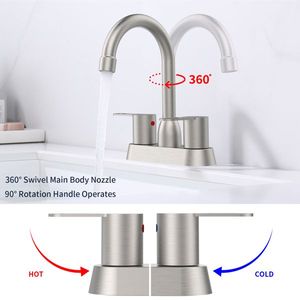 Rubinetto per Lavabo Bagno in Acciaio Inox 304 con 2 Maniglie, Finitura Nichel Spazzolato, Rubinetti RV con Finitura Oro per 3 Fori - Product Image 3